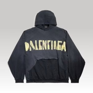 Tape Type Ripped Pocket Hoodie Oversized Black