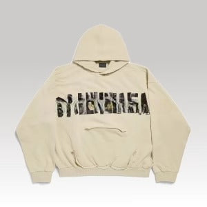 Tape Type Ripped Pocket Hoodie Oversized Beige