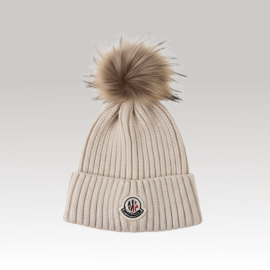 Kids Logo Patch Wool Beanie with Fur Pom Beige